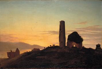 Bartholomew Colles Watkins, Ecclesiastical Ruins on Inniscaltra, or Holy Island, Lough Derg, Co. Galway, after Sunset (c. 1863), (BELUM.U172)