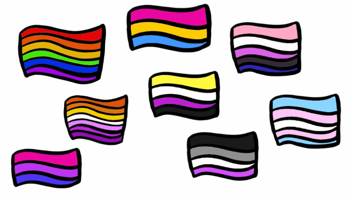An illustration of colourful flags representing the queer community