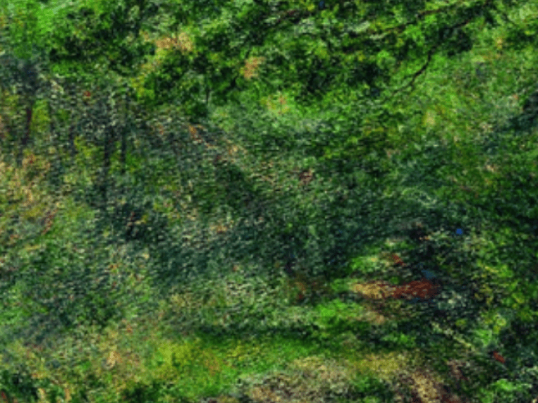 a painting of a lush green forest 