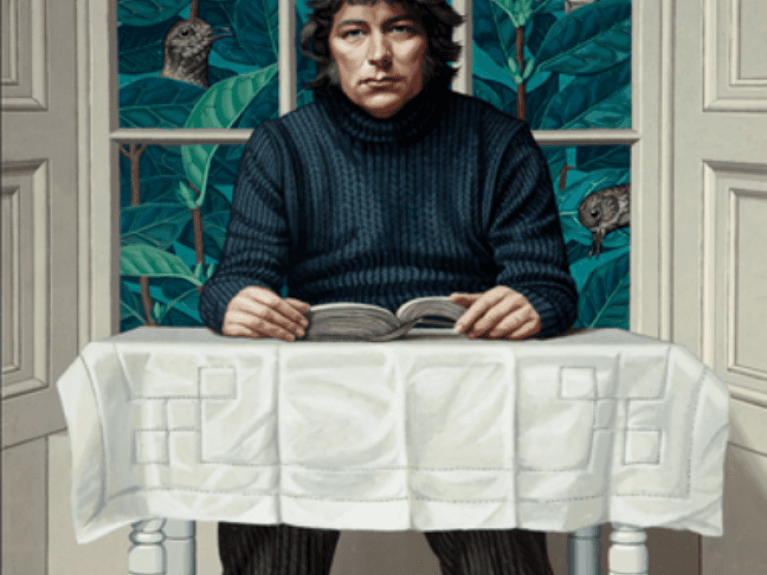 a painting of a dark haired person sitting at a table